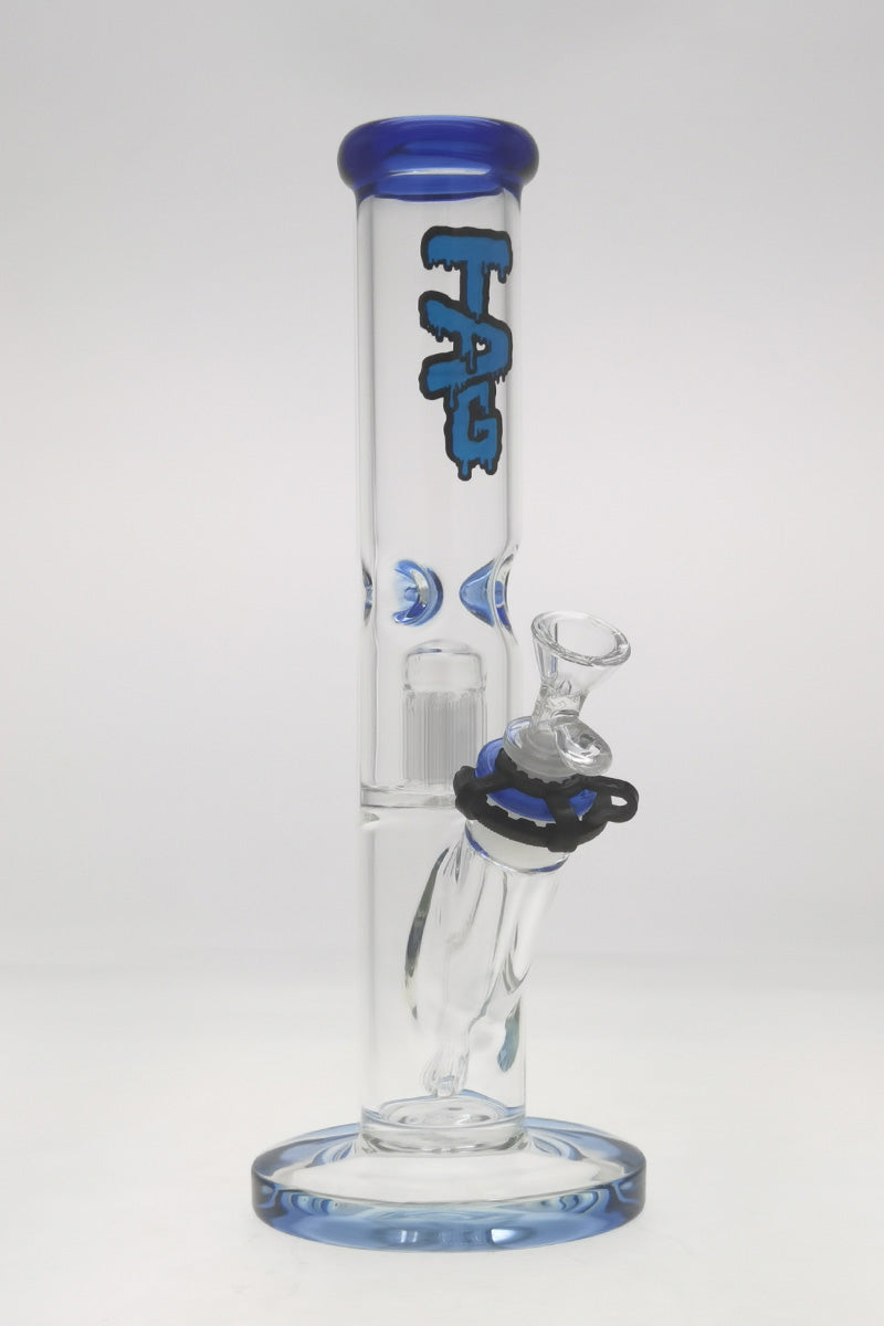 Thick Ass Glass 13" Straight Tube Bong with Blue 8 Arm Tree Percolator, Clear Borosilicate Glass, Front View