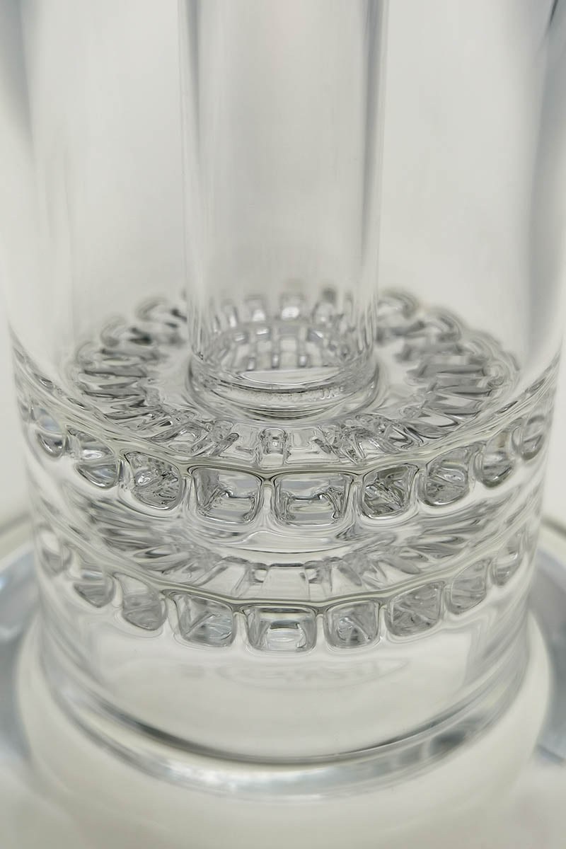 Close-up of TAG 13" Double Ratchet Bubbler's percolator, clear heavy-wall glass, 18MM female joint