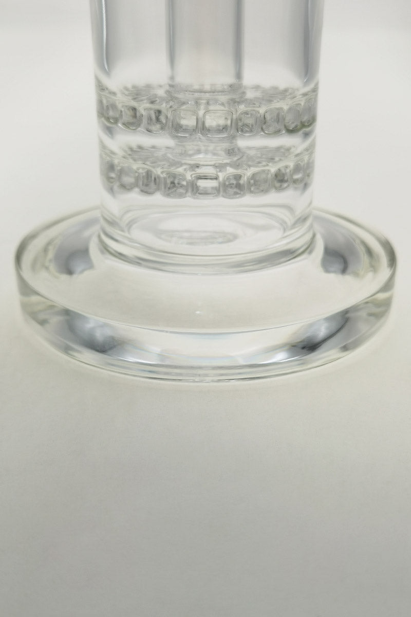 TAG 13" Double Ratchet Bubbler, clear glass, close-up on sturdy base and percolator detail