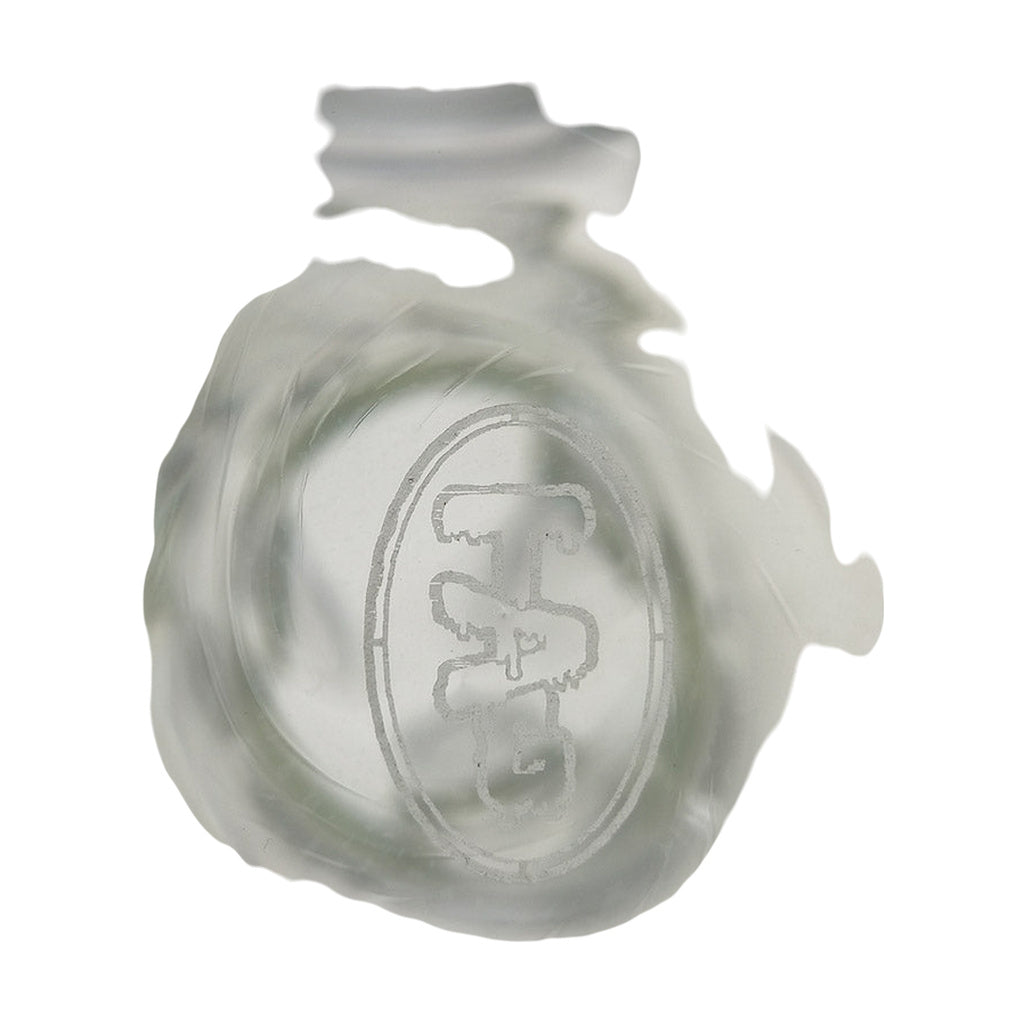 Close-up of TAG 14" Beaker Bong logo on thick 9mm glass, clear with blue accents