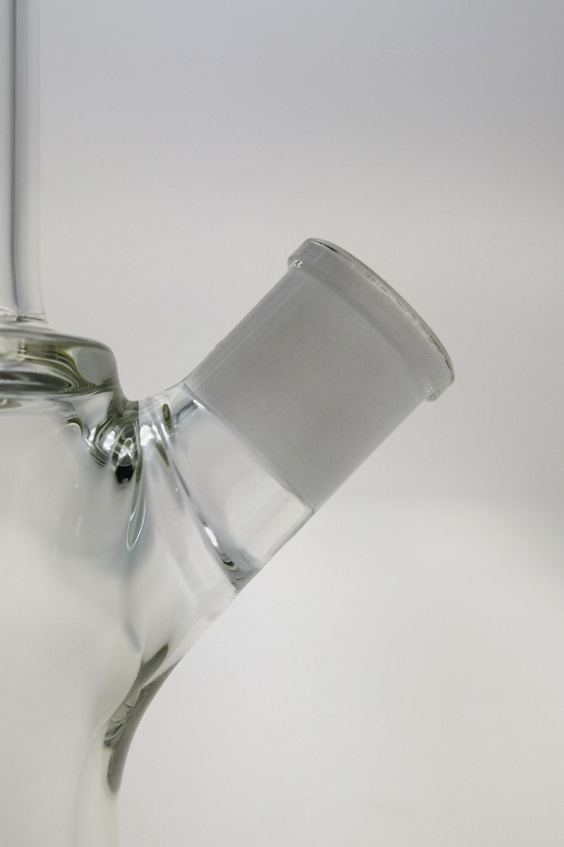Close-up of TAG 14" Beaker Bong joint with 18/14MM downstem, clear glass, 45 degree angle.