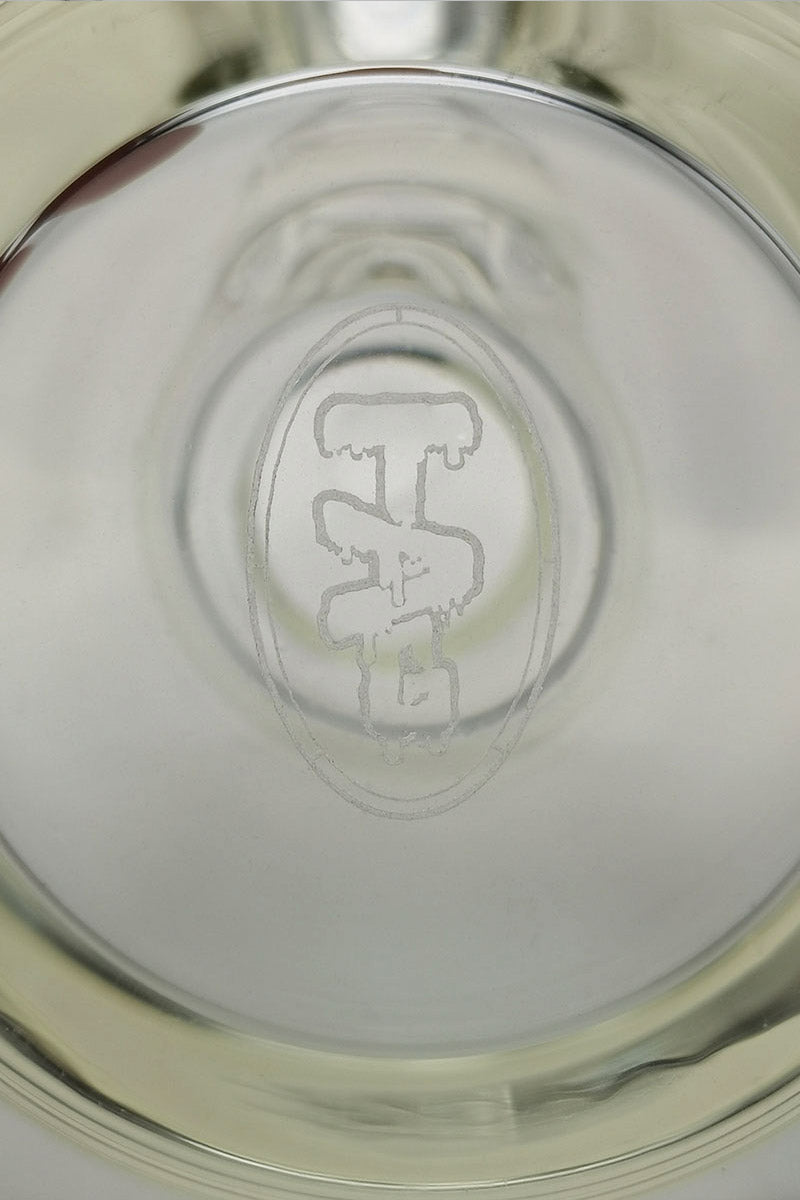 Close-up of TAG 14" Beaker Bong Base showing the thick 7mm glass and clear design