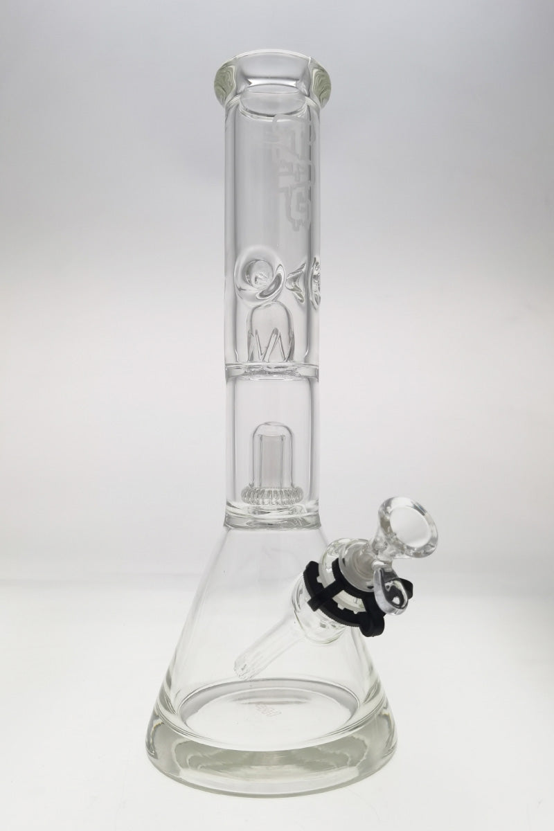 Thick Ass Glass 14" Clear Beaker Bong with Showerhead Percolator, Front View on White