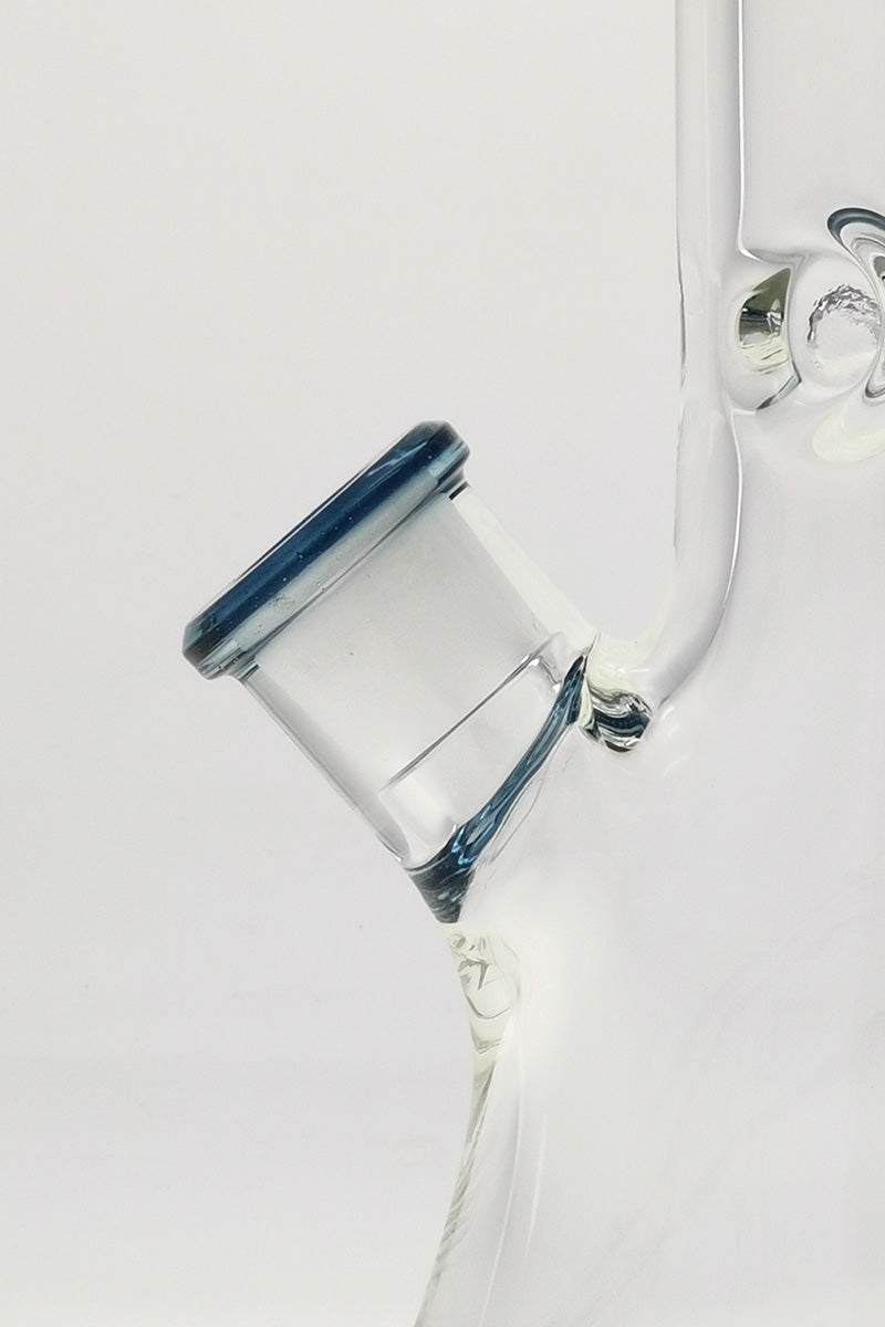 Close-up of Thick Ass Glass 7mm Beaker Bong joint with clear glass and purple accents