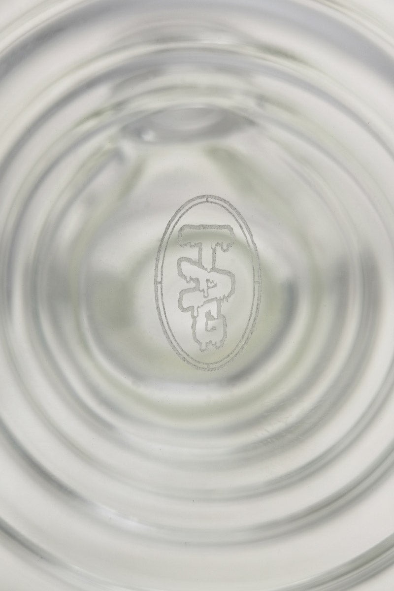 Close-up view of TAG 16" Beaker Bamboo bong base with 7mm thickness and branded downstem