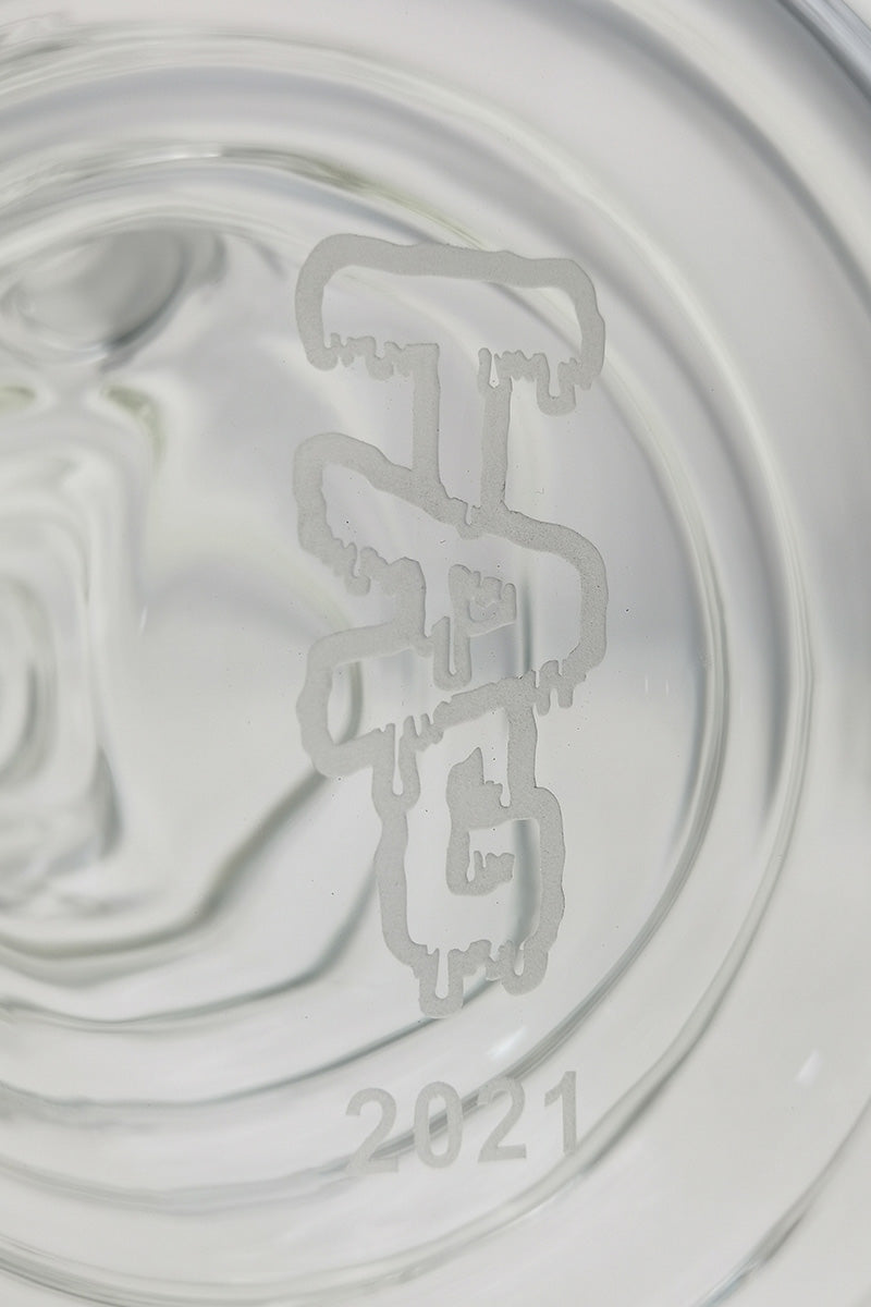 Close-up of TAG logo on 16" Beaker Bamboo Bong with thick 7mm glass, 18/14MM Downstem