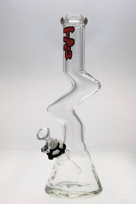TAG 16" Beaker ZONG Bong with Wavy Red Label, 9mm Thick Glass, Front View on White Background
