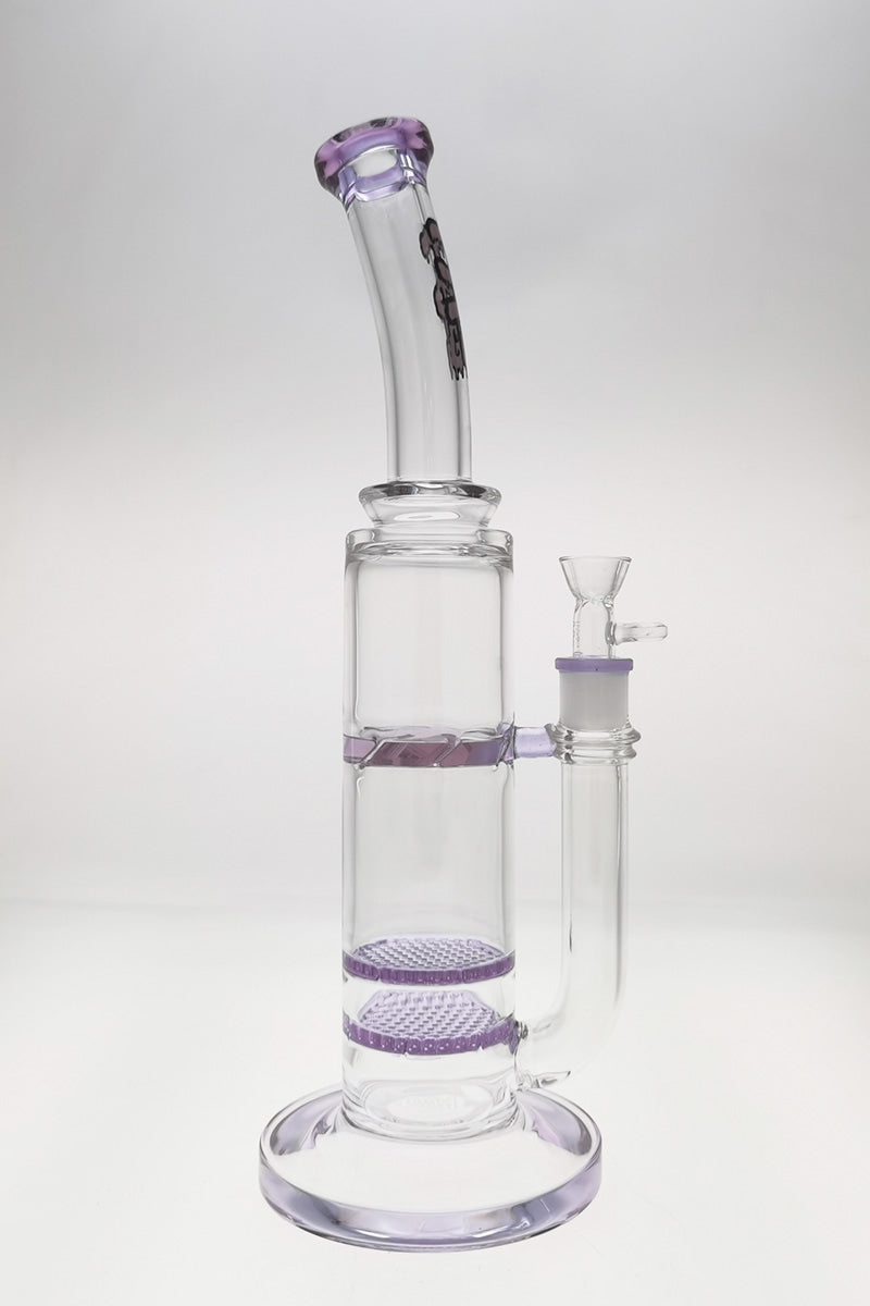 Thick Ass Glass 16" Double Honeycomb Bong with Spinning Guard, Purple Accents, Front View