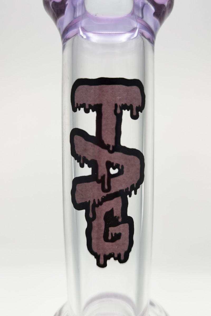 Close-up of TAG 16" Bent Neck Bong with Double Honeycomb, 18MM Female Joint, and Purple Accents