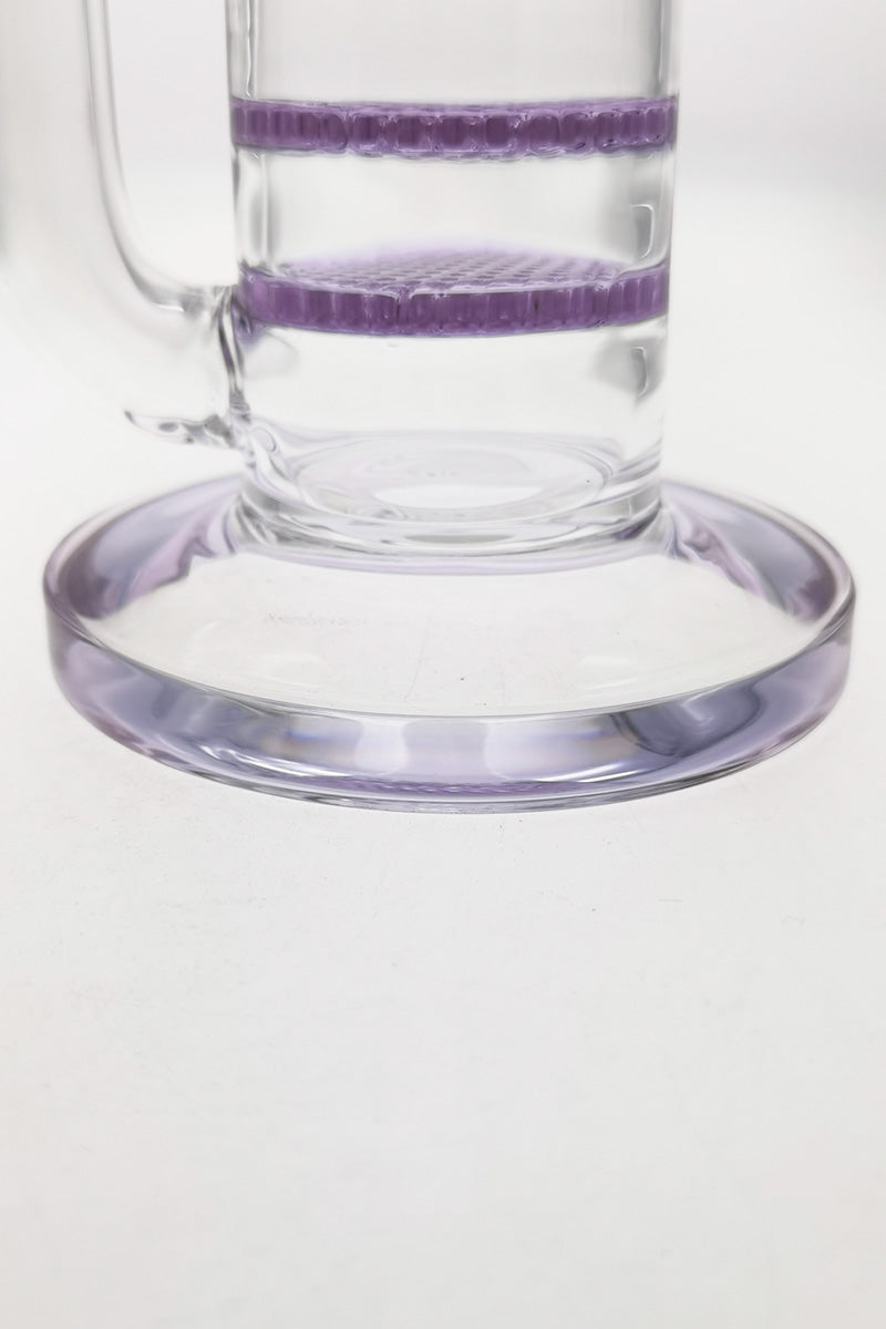 Close-up of Thick Ass Glass 16" Bong base with purple honeycomb percolator and clear glass
