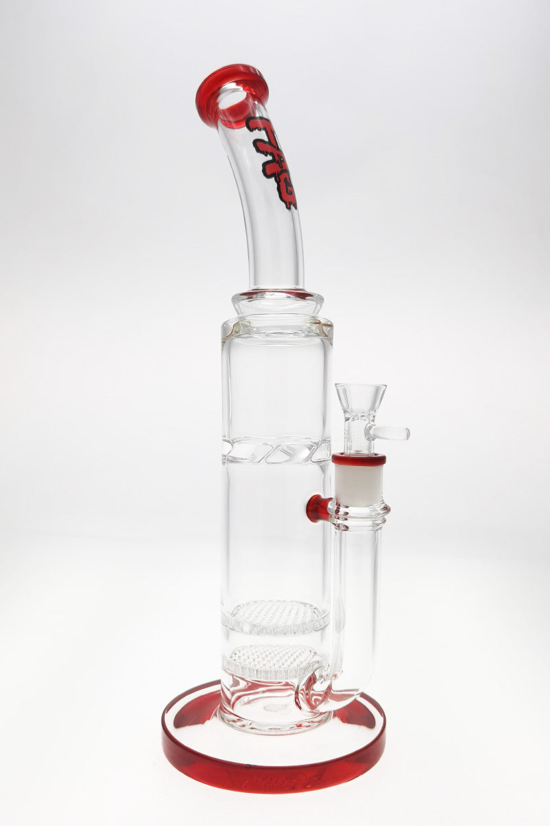Thick Ass Glass 16" Double Honeycomb Bong with Spinning Guard and Red Accents, Front View