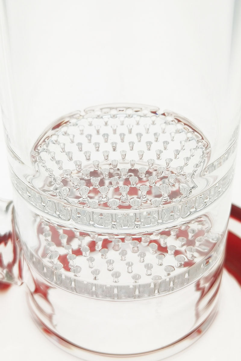 Close-up of TAG 16" bong with double honeycomb percolator for smooth hits, 18MM female joint