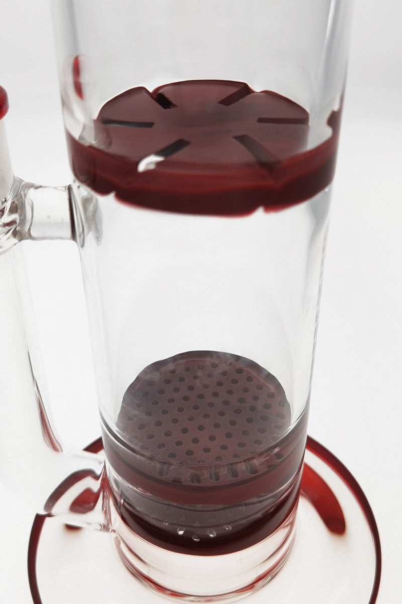 Close-up of Thick Ass Glass 16" Bong with Double Honeycomb Percolator in Clear and Red