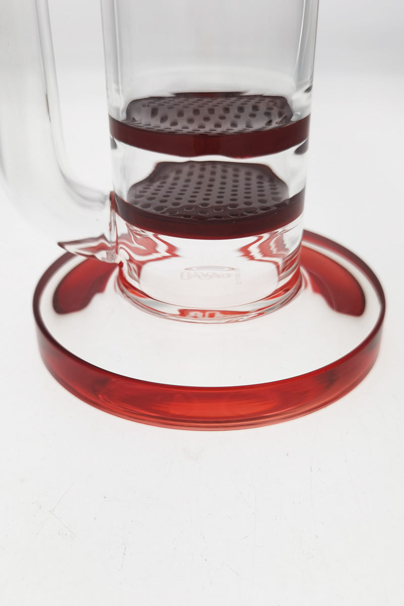 Close-up of TAG 16" Bent Neck Bong with Double Honeycomb Percolator and Red Accents