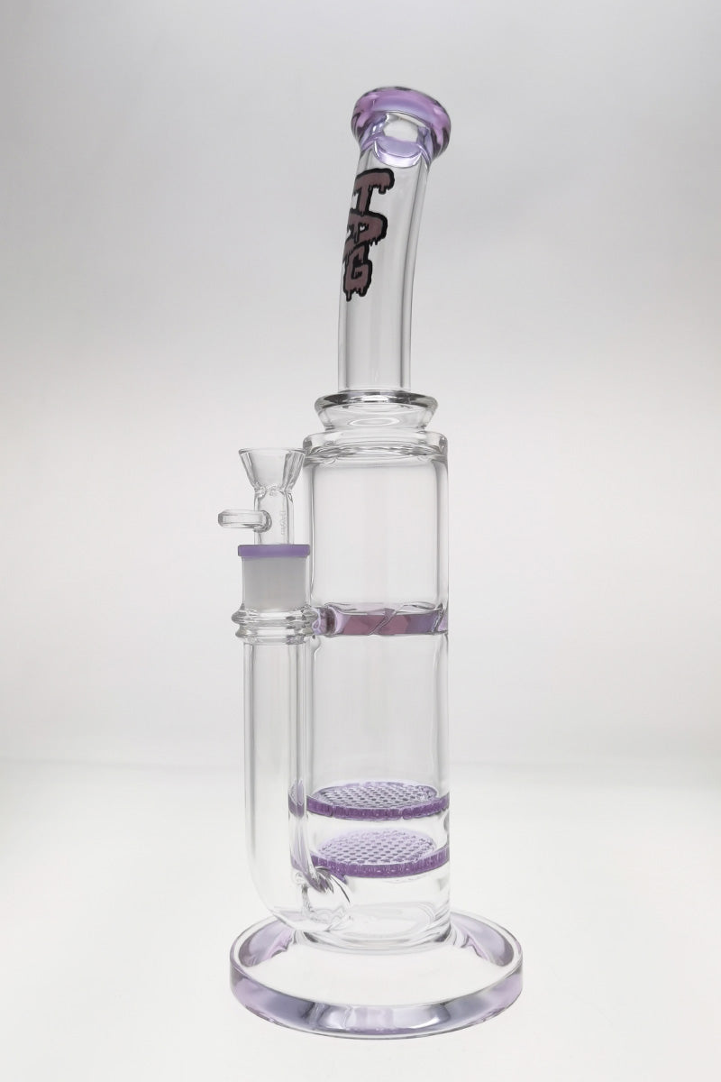 TAG 16" Bent Neck Bong with Double Honeycomb, Spinning Splash Guard, Purple Accents