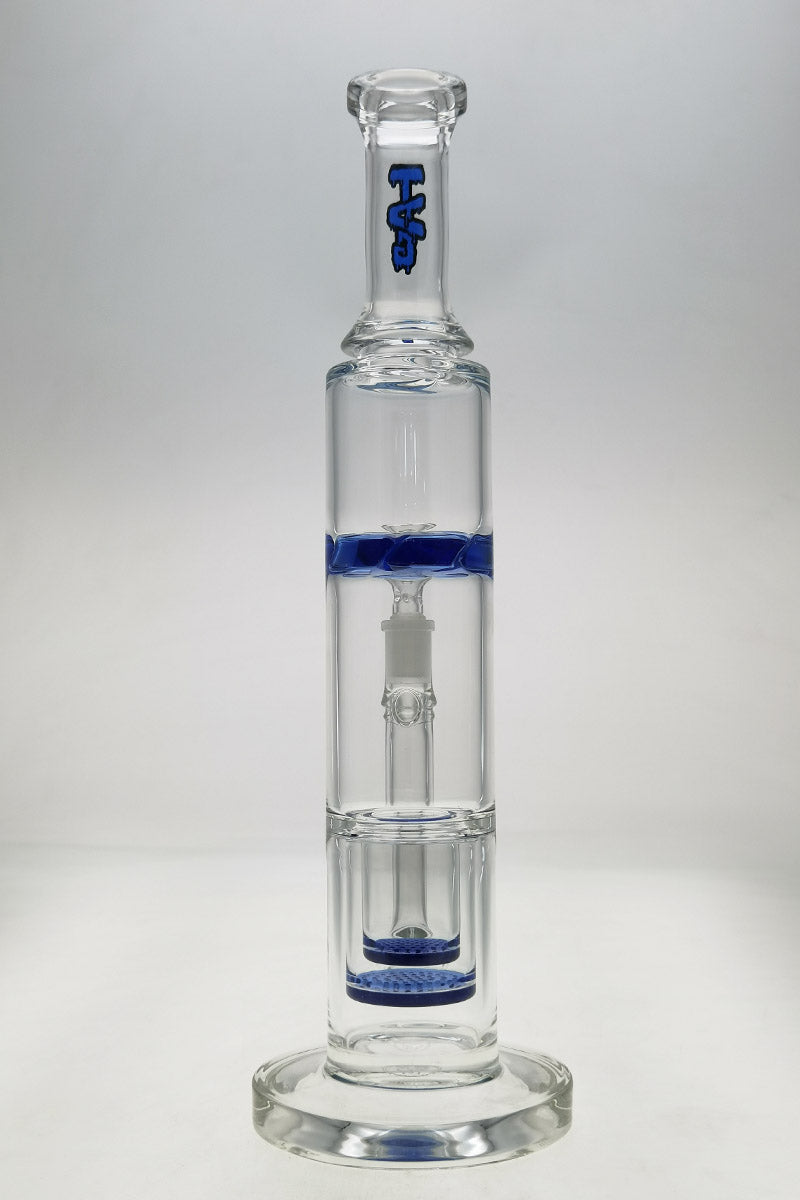 Thick Ass Glass 16" Double Honeycomb Bong, Bent Neck with Blue Accents, Front View