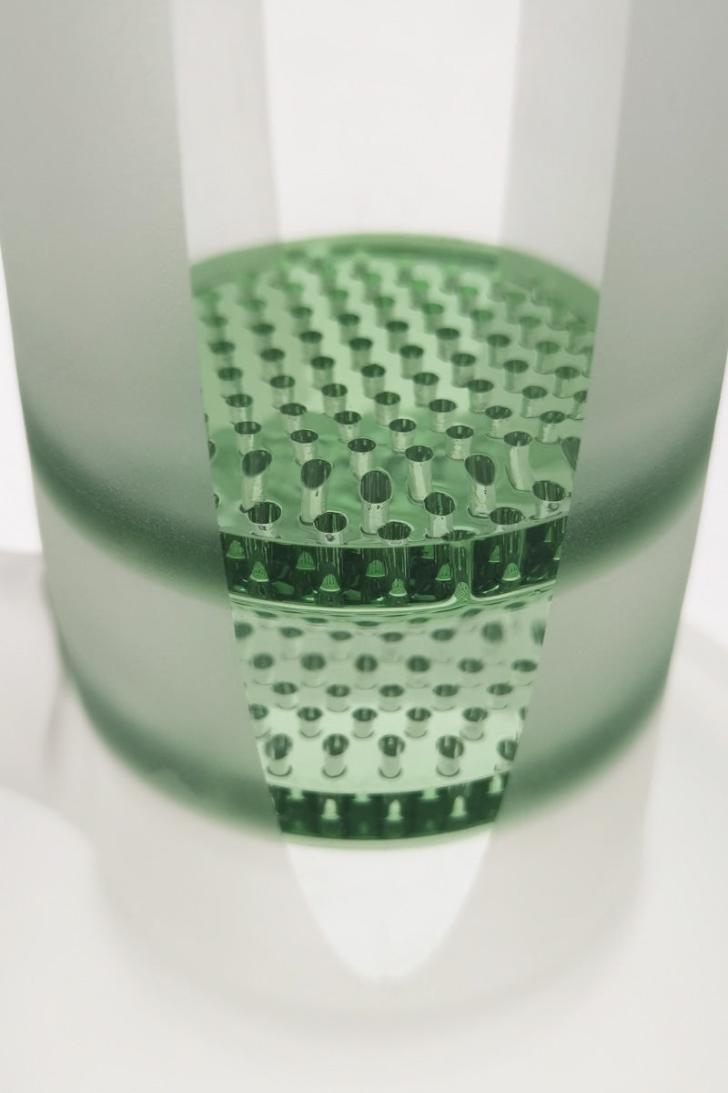 Close-up view of Thick Ass Glass 16" Quartz Bong with Dual Honeycomb Percolators in Green