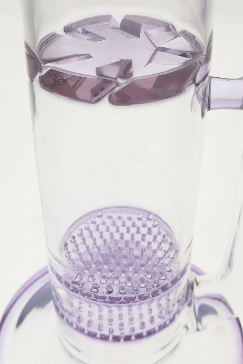 Close-up of TAG 16" bong with double honeycomb & spinning splash guard, 7mm thick quartz