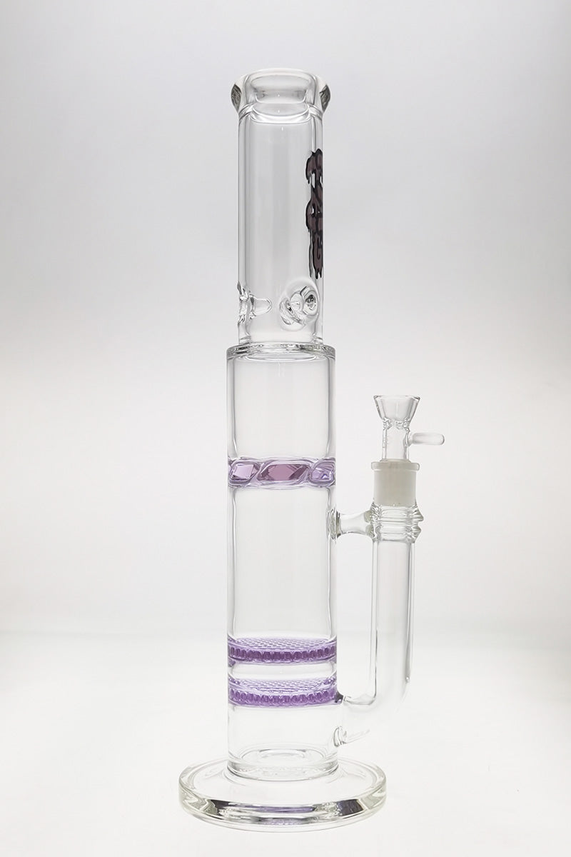 Thick Ass Glass 16" Quartz Bong, Double Honeycomb, Spinning Guard, Purple Accents, Front View