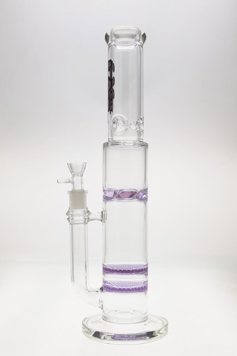 Thick Ass Glass 16" Bong with Quartz Double Honeycomb, Spinning Guard, and Purple Accents, Front View