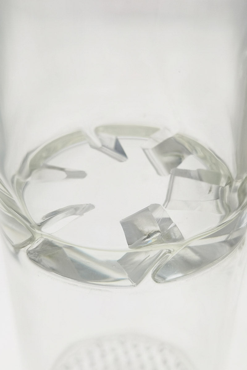Close-up view of TAG 16" bong with double honeycomb and spinning splash guard, 18MM female joint