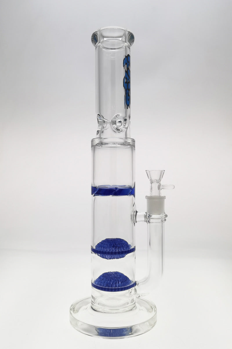 Thick Ass Glass 16" Tie-Dye Bong, Double Disc Diffuser & Spinning Guard, Clear with Blue Accents, Front View