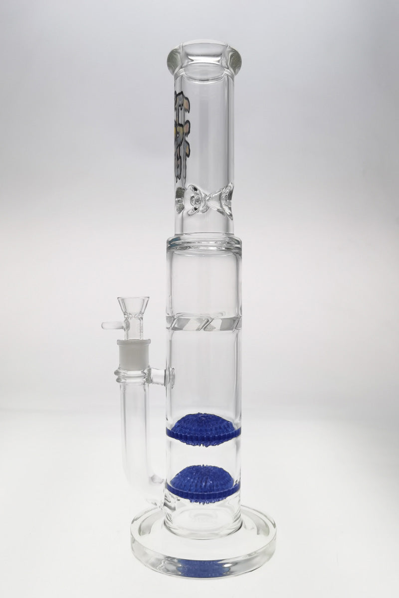 Thick Ass Glass 16" Blue Tie-Dye Bong with Double Disc Percolator and Spinning Guard, Front View