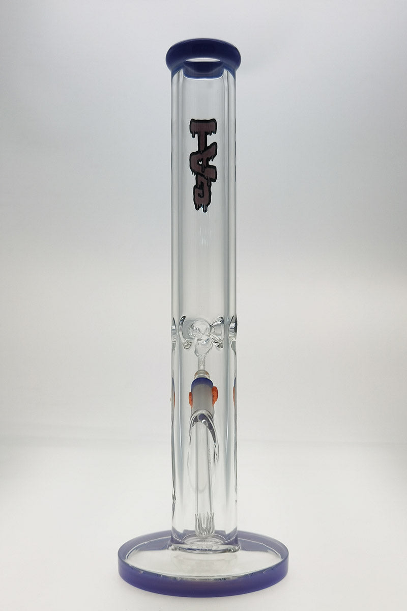 Thick Ass Glass 16" Clear Straight Tube Bong with Purple Accents, Front View on White Background