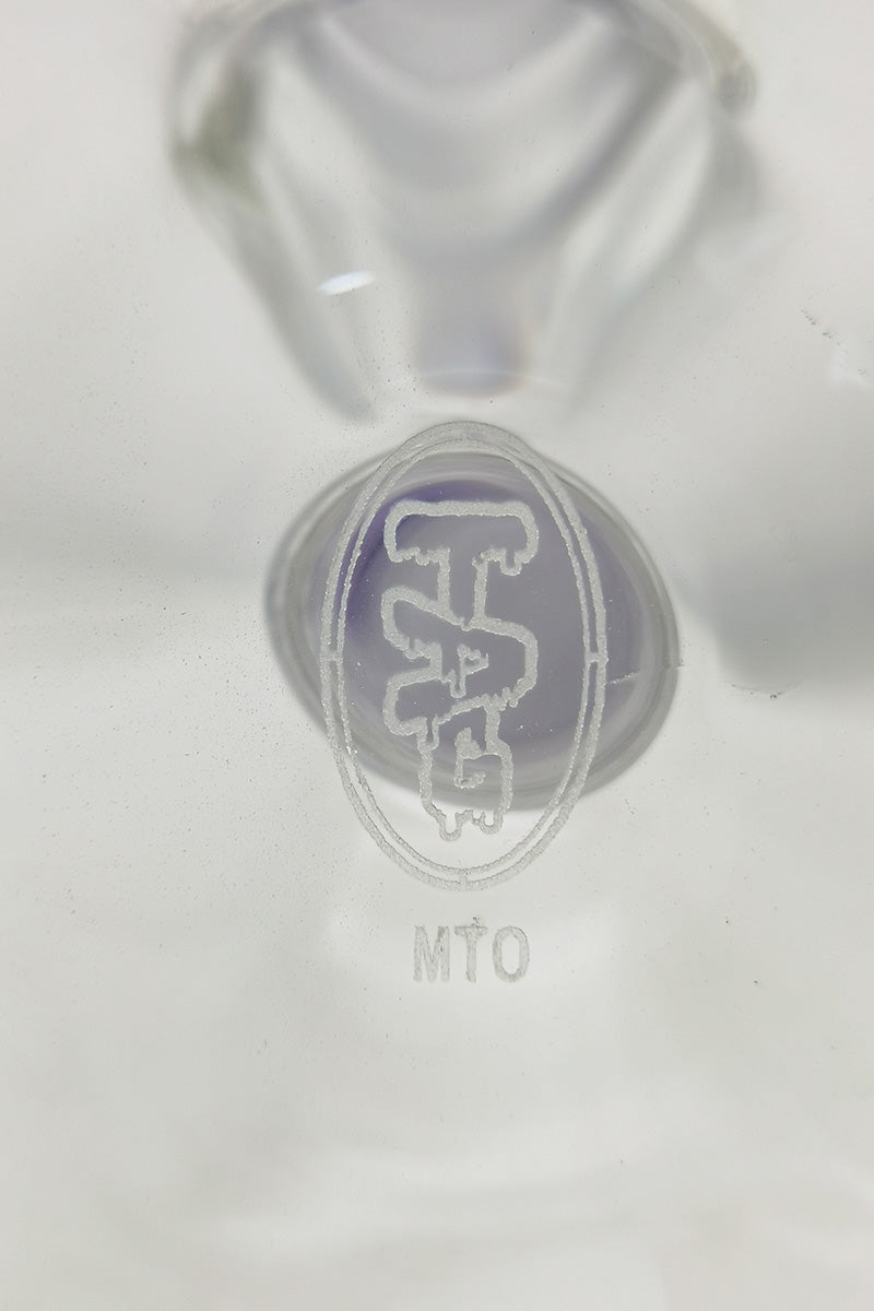 Close-up of TAG logo on 17" Beaker Bong with 16-Arm Tree Percolator by Thick Ass Glass