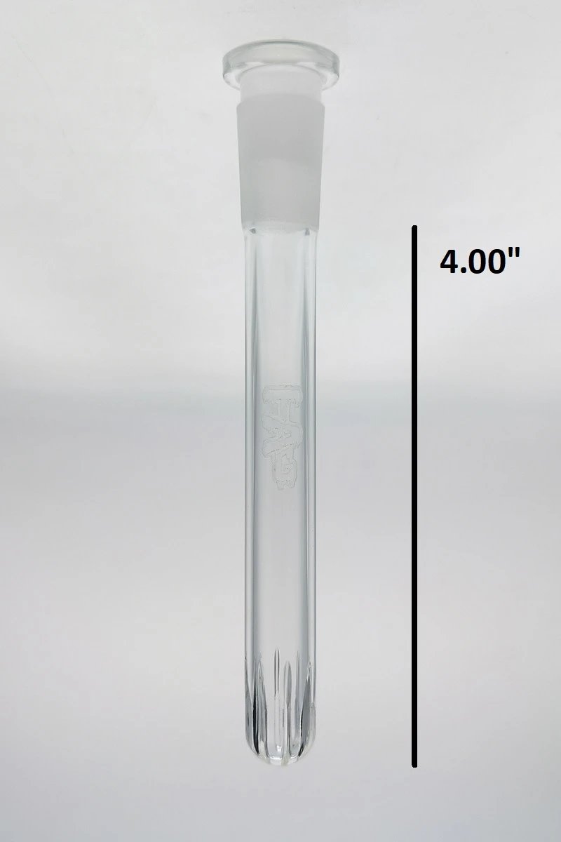 TAG 4-inch Showerhead Downstem by Thick Ass Glass, Clear with Laser Engraved Logo, Front View