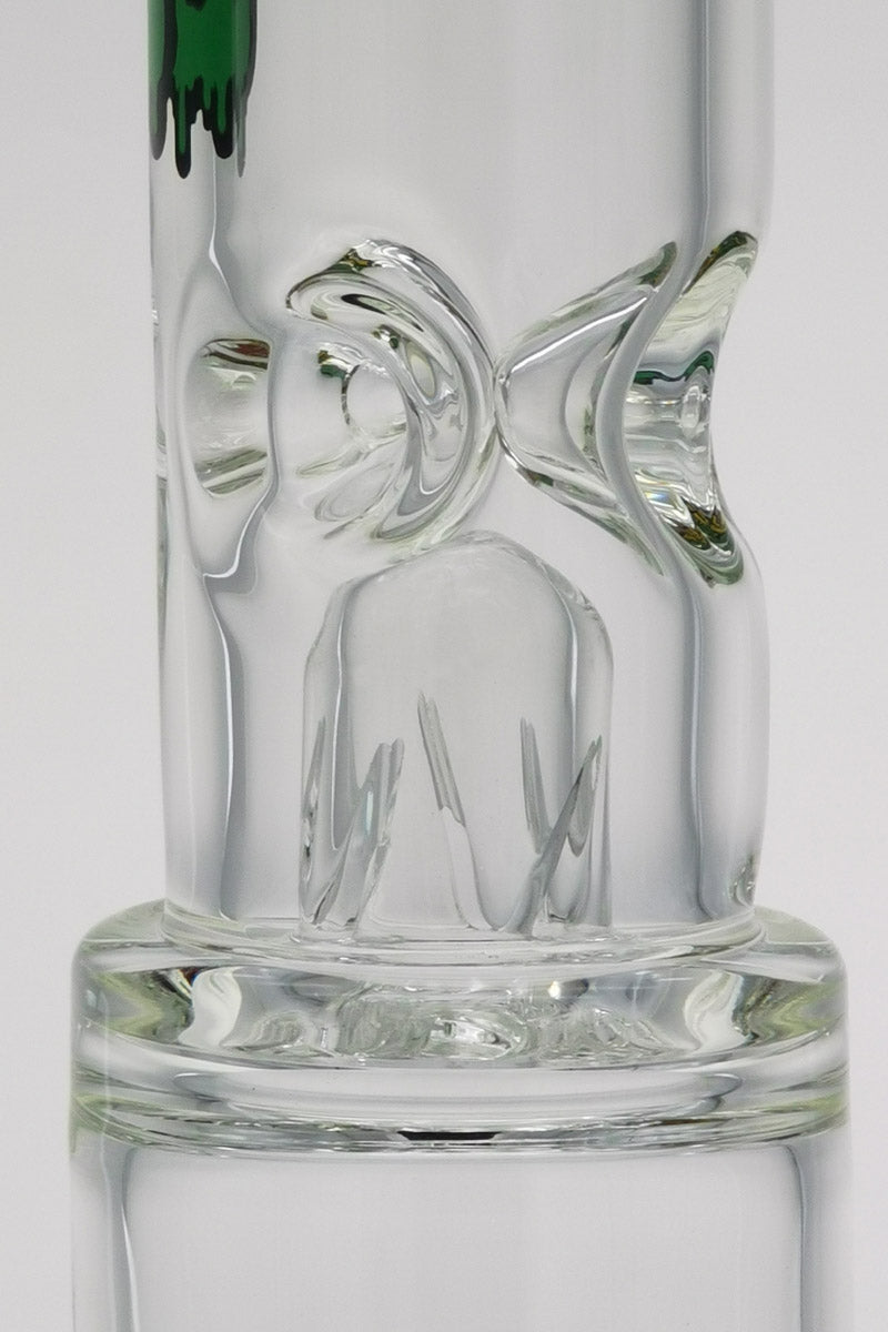 Close-up of TAG 19" bong with Rasta color, double showerhead, and helical dome splash guard