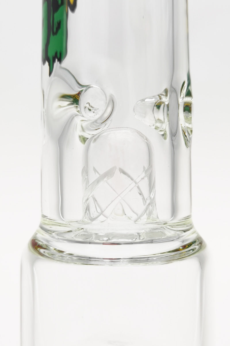 Close-up of TAG 19" Beaker Bong base with Rasta color accents & 16-arm tree percolator