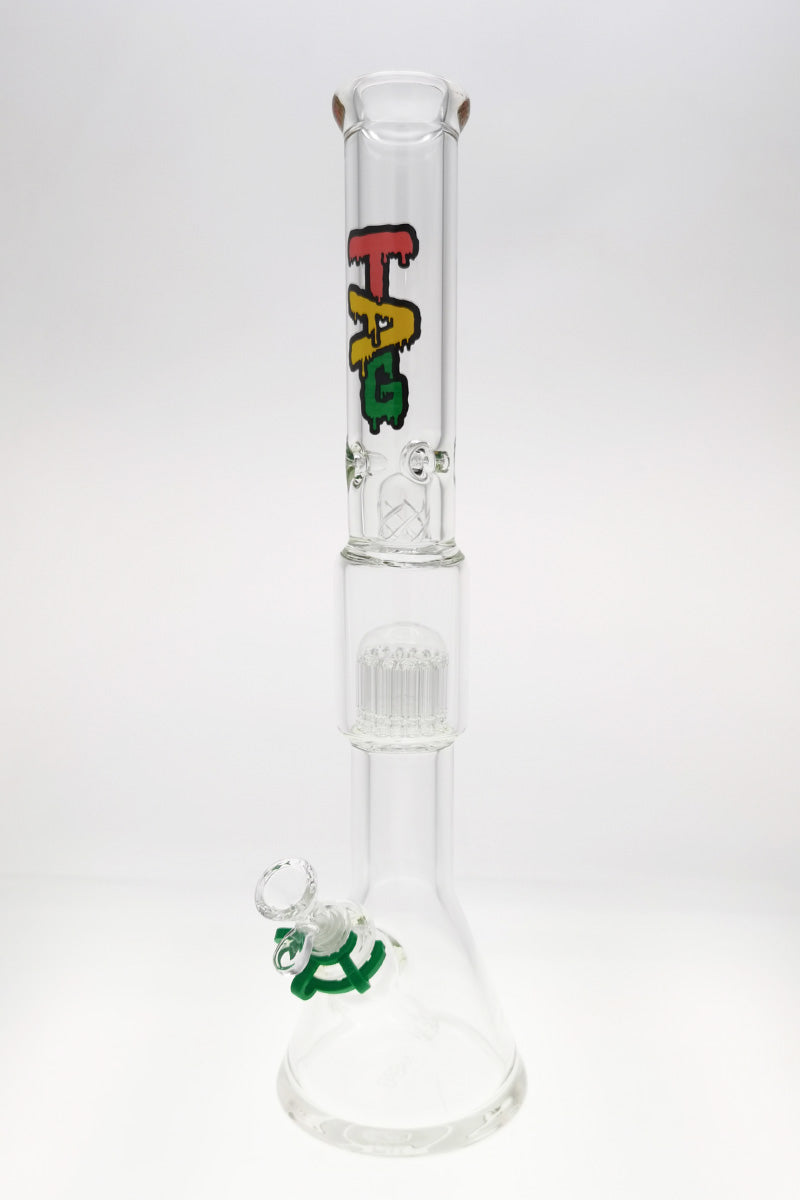 TAG 19" Beaker Bong with Fixed 16-Arm Tree Percolator, 7mm Thick Glass, Rasta Label - Front View