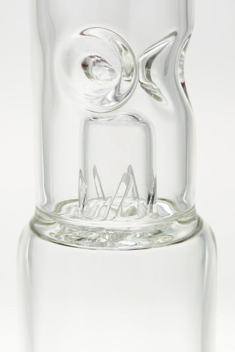 Close-up of TAG inline to fixed showerhead percolator in 19" bong, 7mm thick quartz glass, tie-dye color