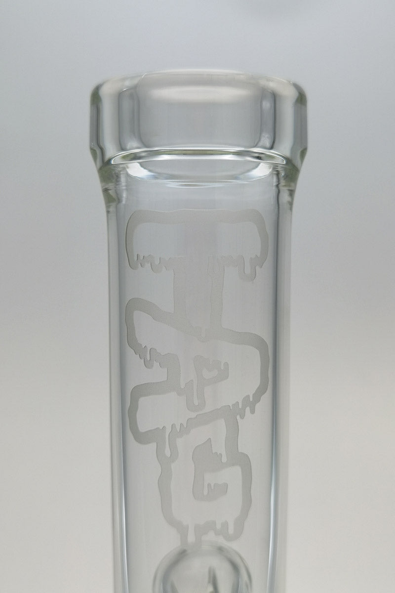 Close-up of TAG 19" bong with inline to tree percolator detail, 18MM Female joint, 4mm glass