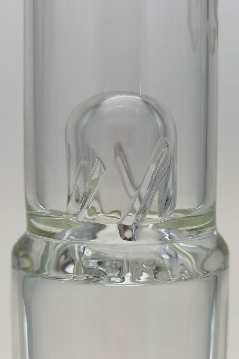 Close-up of TAG 19" Inline Percolator for Bongs, 4mm Thick Glass, 18MM Female Joint