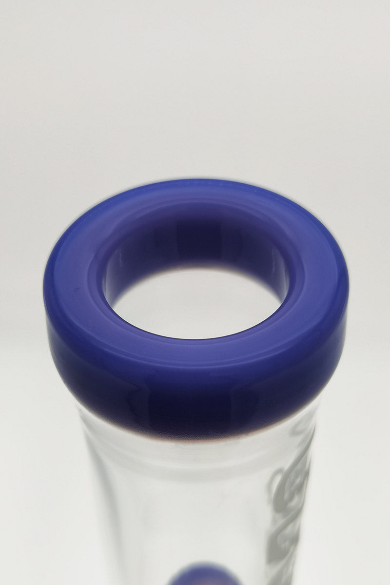 Close-up of TAG 19" Bong's 18MM Female Joint with Blue Accents, Thick Glass