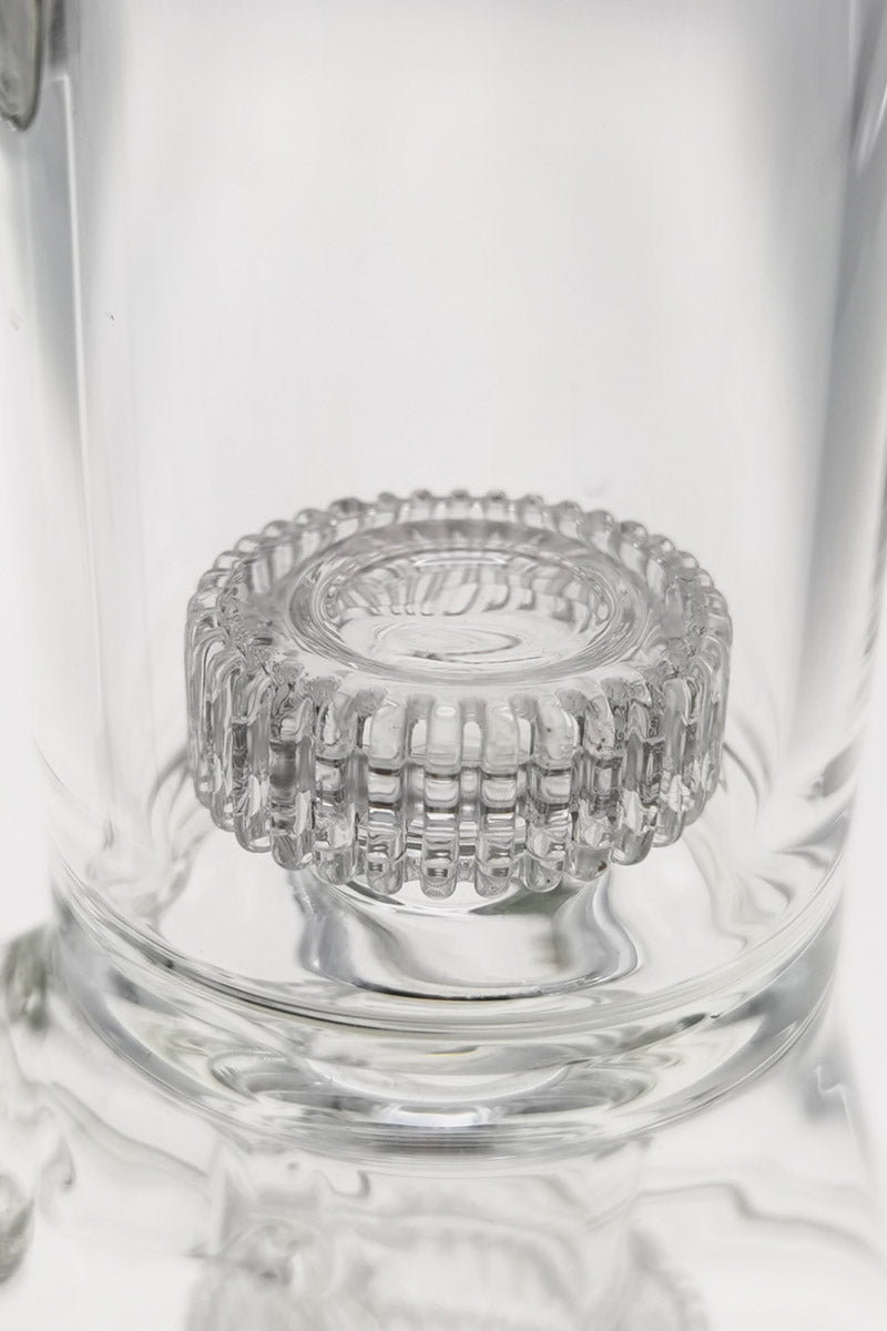 Close-up of TAG 20" Double Matrix Percolator Bong's intricate glasswork and sturdy 5mm base