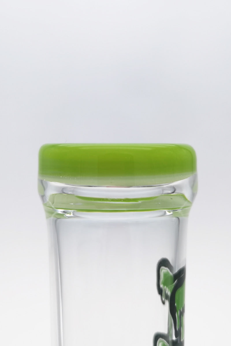 Close-up of TAG 20" Super Slit Inline Bong with green rim and clear body, 50x5MM, 18MM Female joint