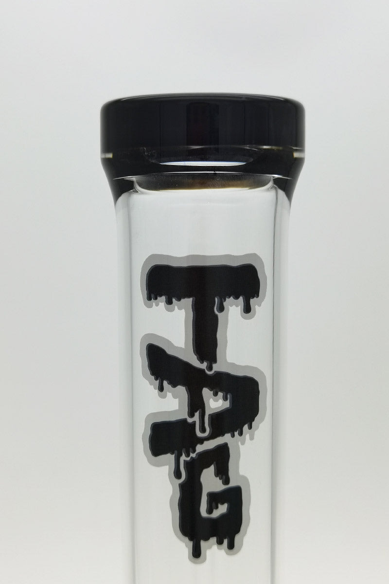 Close-up of TAG 21" bong with triple to double inline percolator, 18MM female joint, 4mm glass
