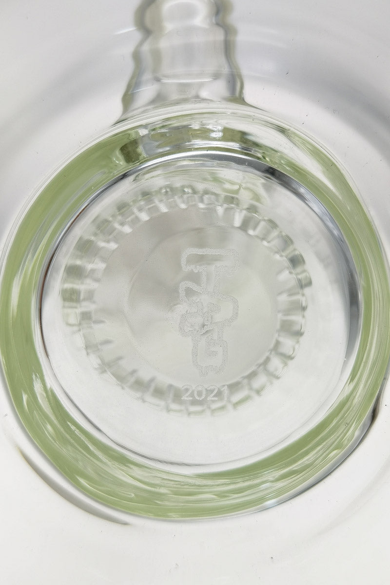 Close-up of TAG 21" Bong base with Rasta-colored Triple Showerhead Percolator and Dome Guard