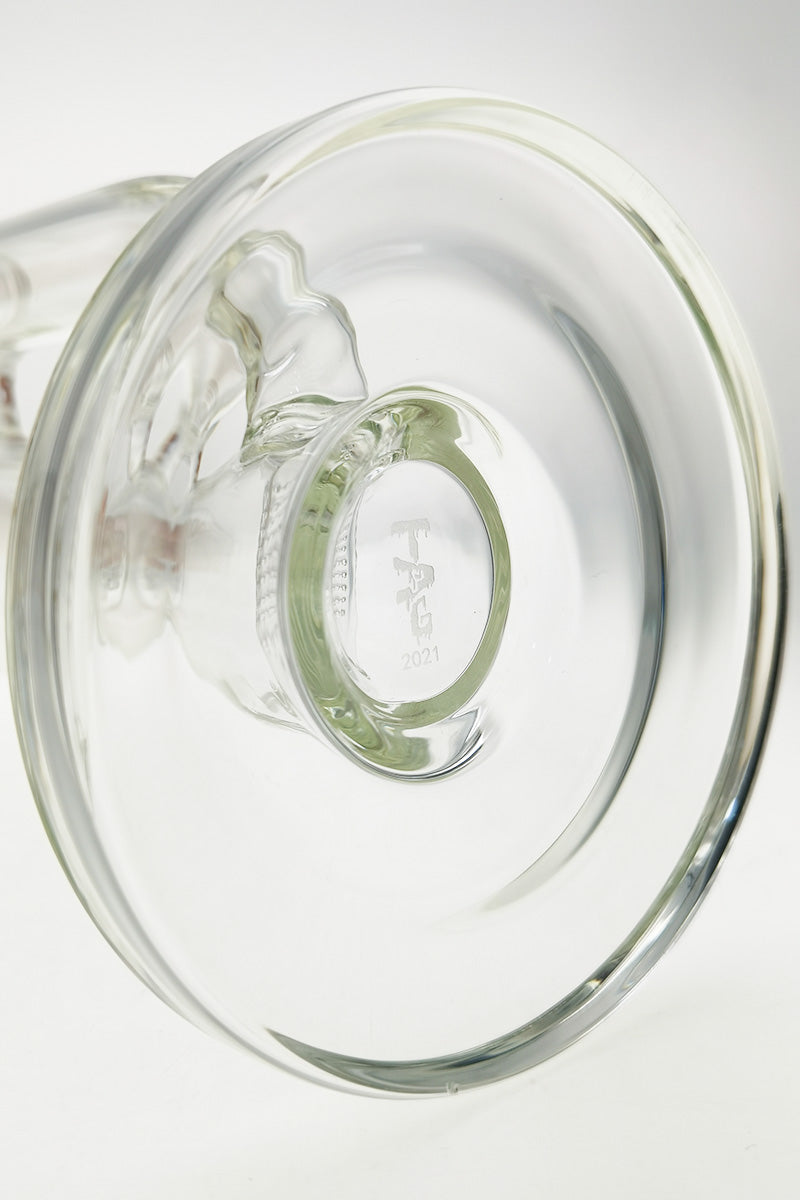 Close-up of TAG 22" Bong Base with Sandblasted Logo, 18MM Female Joint, and Inline Percolator