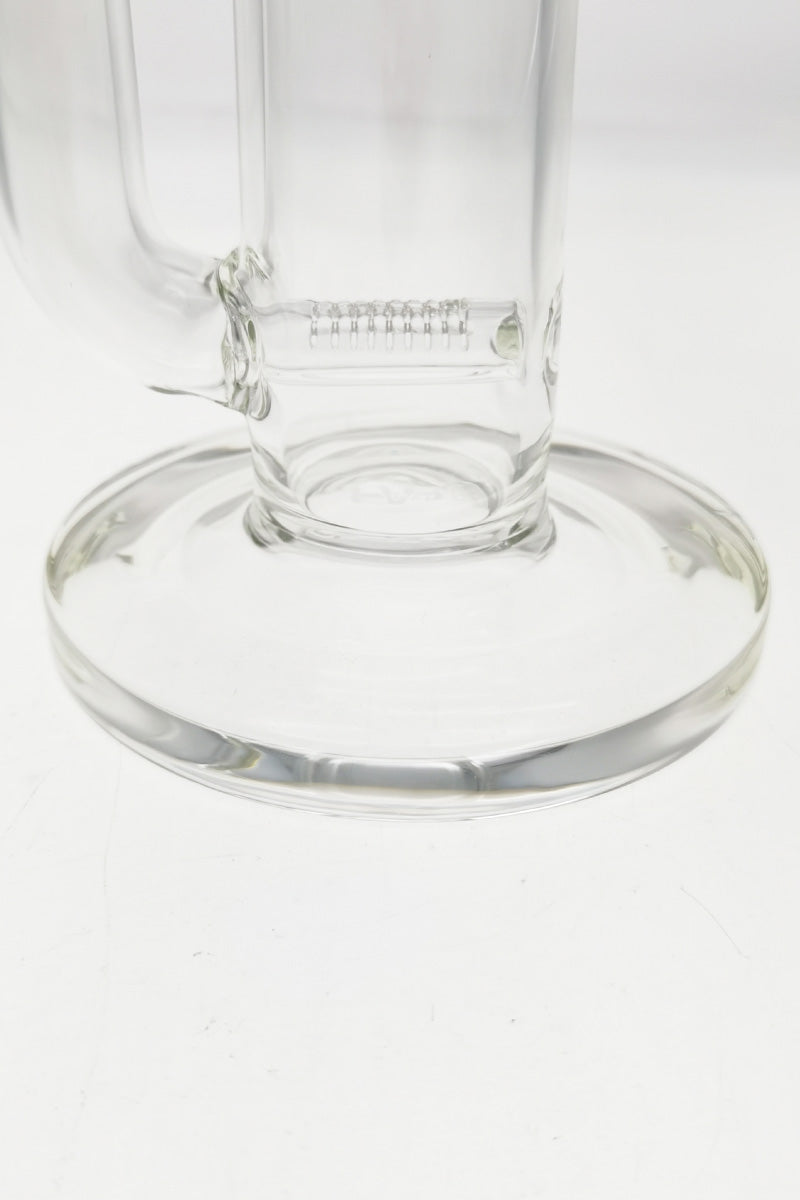 Close-up of TAG 22" clear glass bong base with inline percolator and sandblasted logo