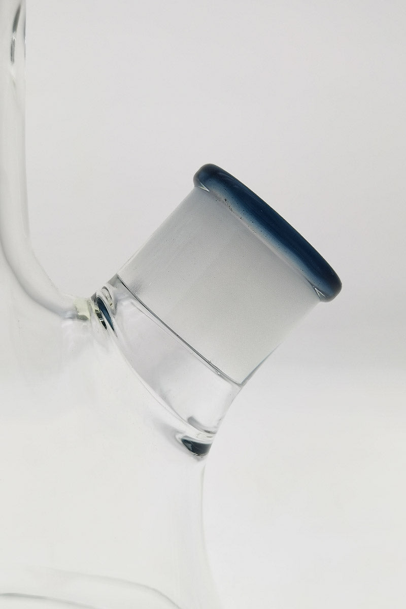 Close-up of TAG 24" Beaker Bong joint with blue rim, showcasing the heavy 9mm thick glass