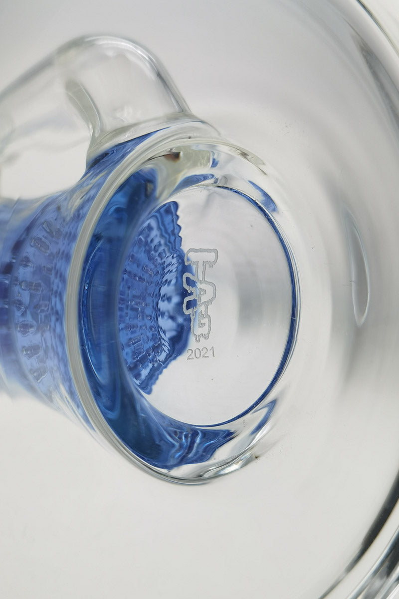 Close-up of TAG bong's double honeycomb & showerhead percs with light blue accents