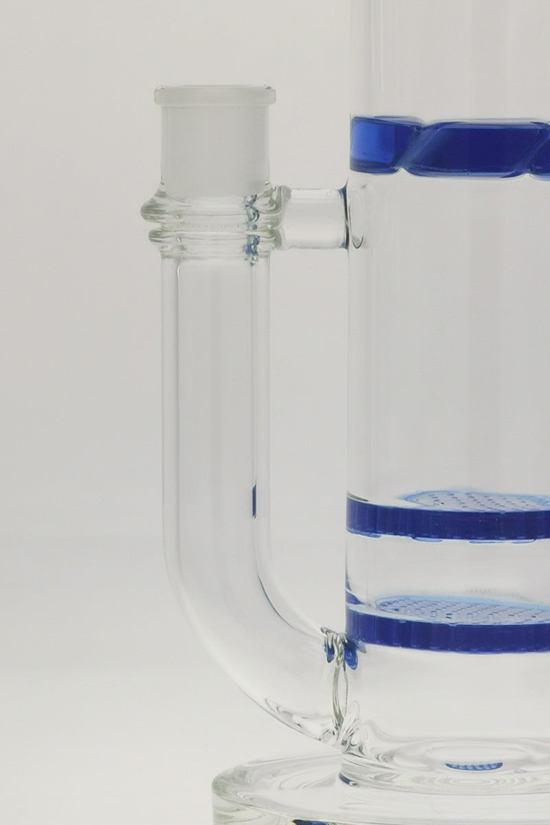 Close-up of TAG glass bong with double honeycomb & showerhead percs, light blue accents, 18MM female joint.
