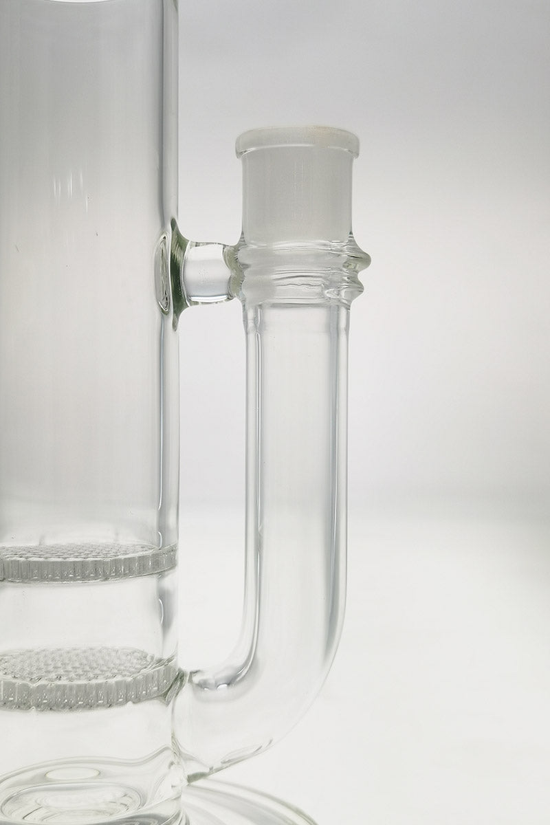 Close-up side view of TAG 25" Double Honeycomb to UFO Showerhead Bong with 18MM Female Joint