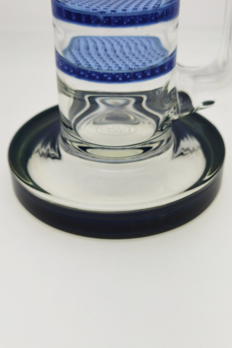 Close-up of TAG 27" Bong base with octuple honeycomb, 18MM female joint, on white background