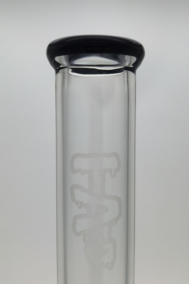 Close-up of Thick Ass Glass 27" Quartz Bong with Black Accents and Frosted Logo