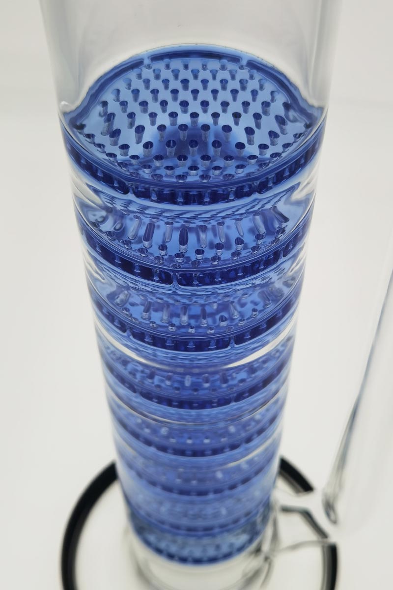 Close-up of TAG 27" Bong with Blue Octuple Honeycomb Percolators and Spinning Splash Guard